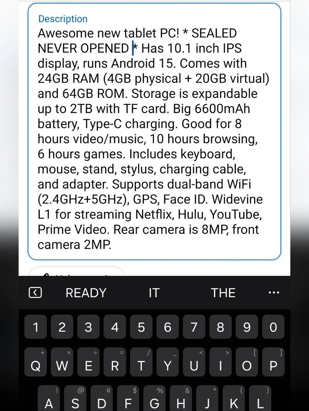 Android Tablet PC - mouse,keyboard Cover An Charger (New Factory Sealed)